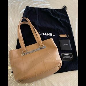 CHANEL Square Stitch Beige Leather Tote/Shoulder Bag
